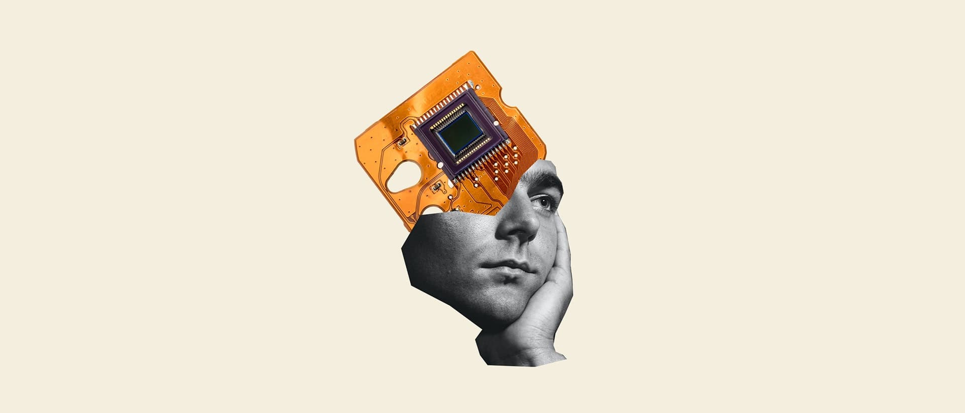 Kollage på en profilbild av en kille som har ett kretskort stickande ut ur huvudet.