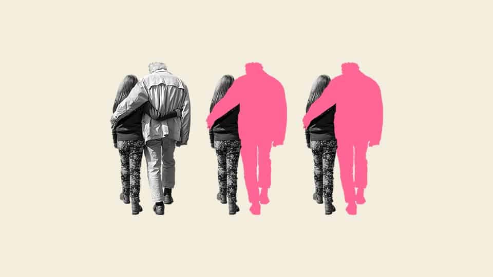 Ett kollage med tre kopior av en flicka och en äldre man som håller om varandra. I två av tre är den äldre mannen en rosa siluett.