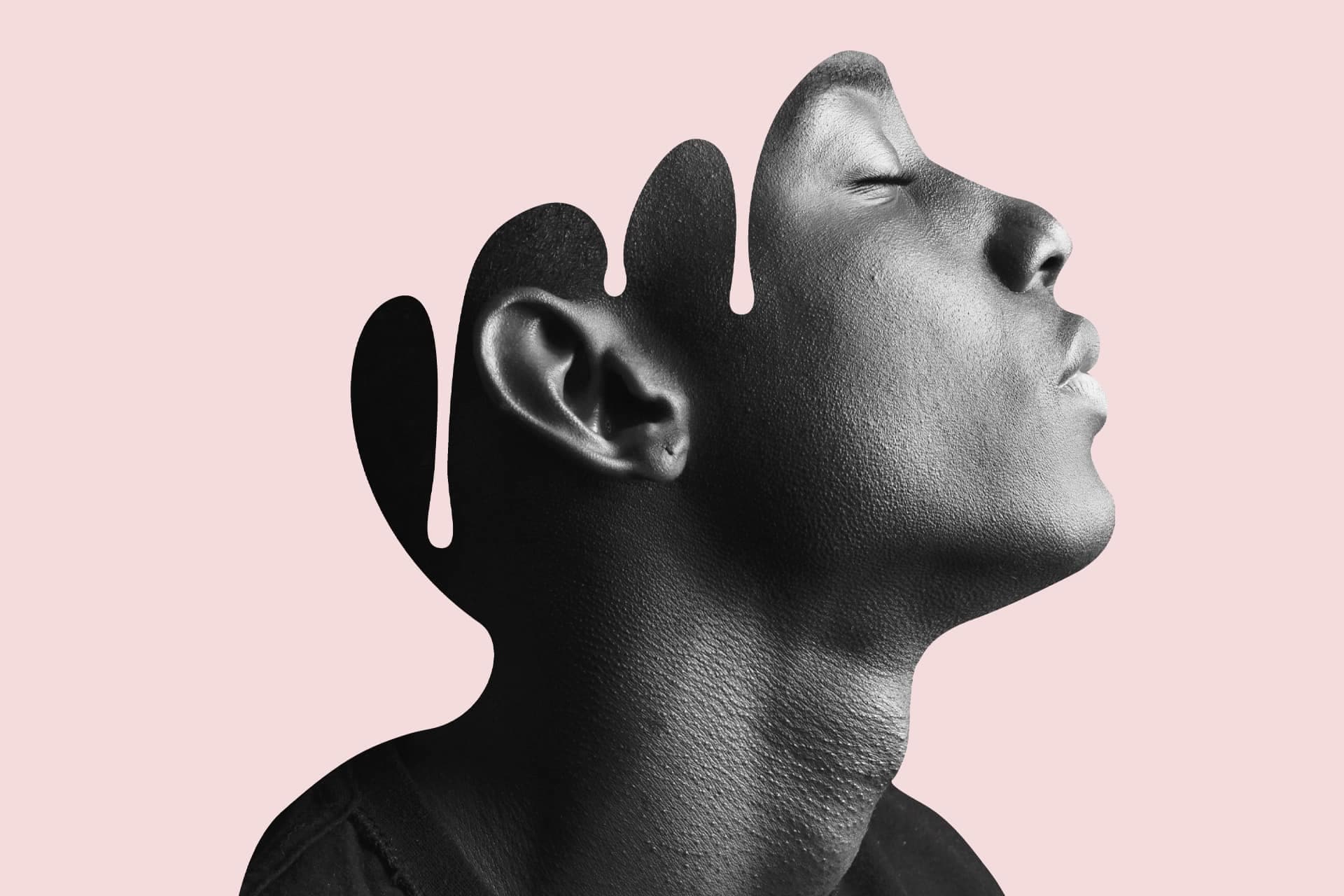 Kollage av person som blundar, där bakgrundsfärgen smälter in över hjärnan.