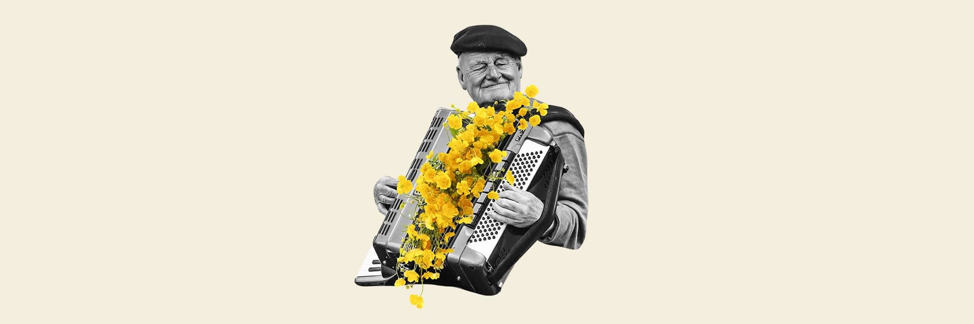 Ett kollage med en man som spelar dragspel och gula blommor. Beige bakgrund.