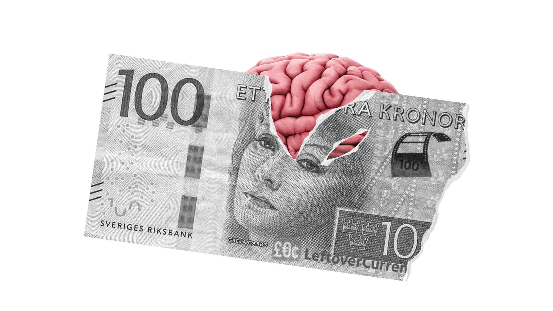 Ett kollage som kombinerar en delvis riven 100-kronorssedel och en hjärna.