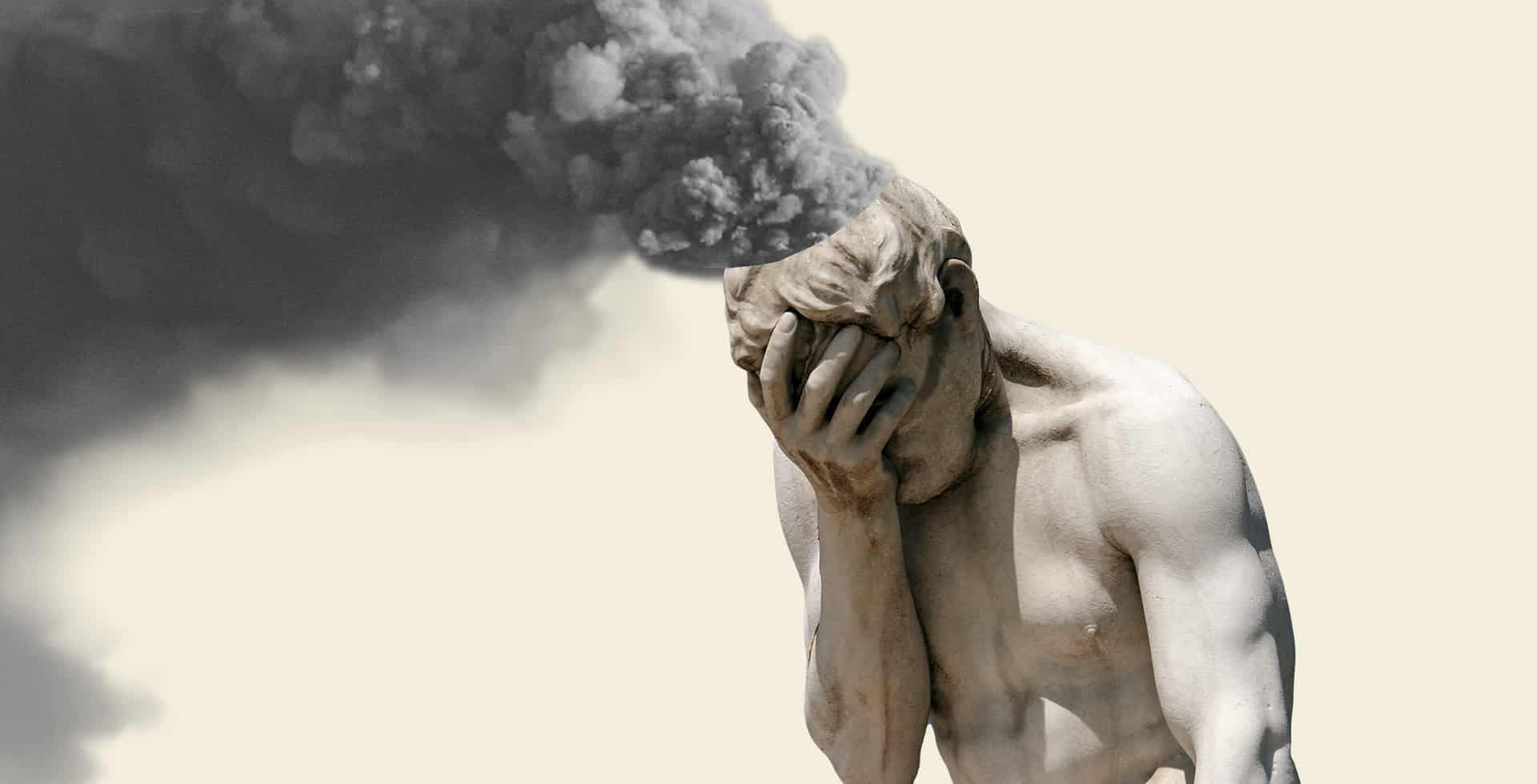 Kollage med en skulptur av en människa som håller handen för ansiktet, med ett mörkt rökmoln som väller ut från huvudet.