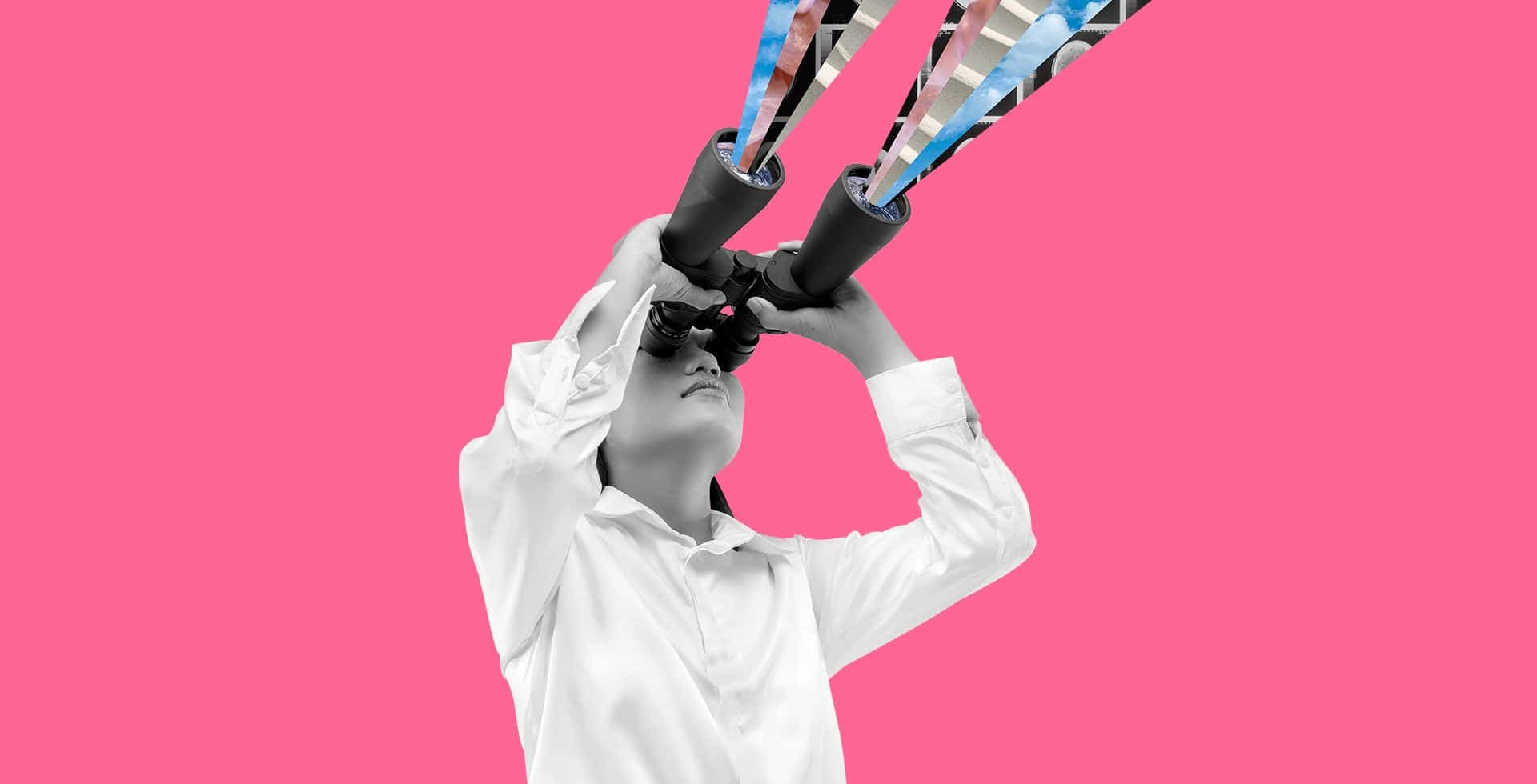 Kollage med en forskare som tittar genom en kikare.